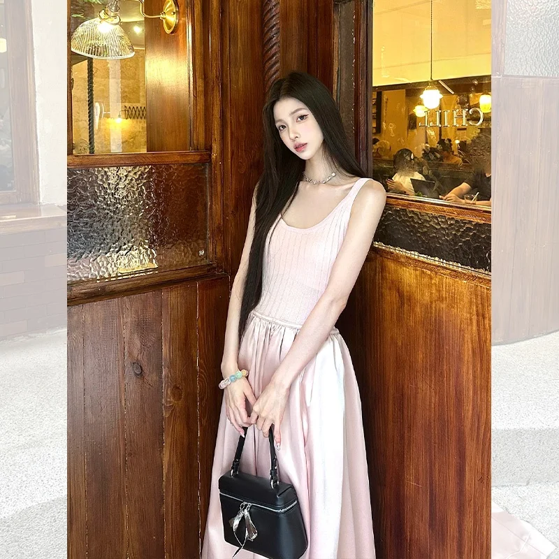 핑크 스트랩리스 롱 드레스 여성 여름 신상 허리 조임 민소매 생일 파티 가운 A라인 스커트 원피스