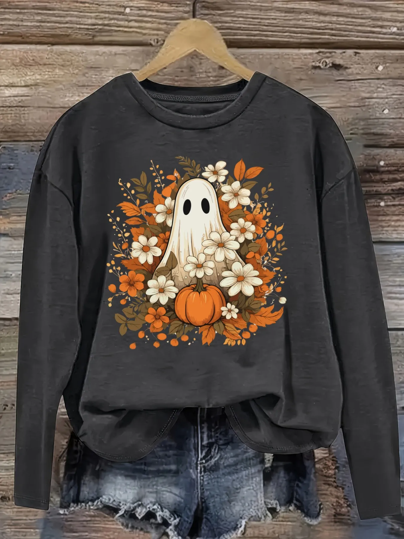 Women's Casual Long Sleeve Crew Neck T-Shirt Ghost Pumpkin Autumn Floral Design Design, Round Neck Women's Clothing, Machine Washable, Slightly Elastic, Loose Fit, Spring Autumn Winter Women's T-Shirt, Halloween Costume Outfit view 2