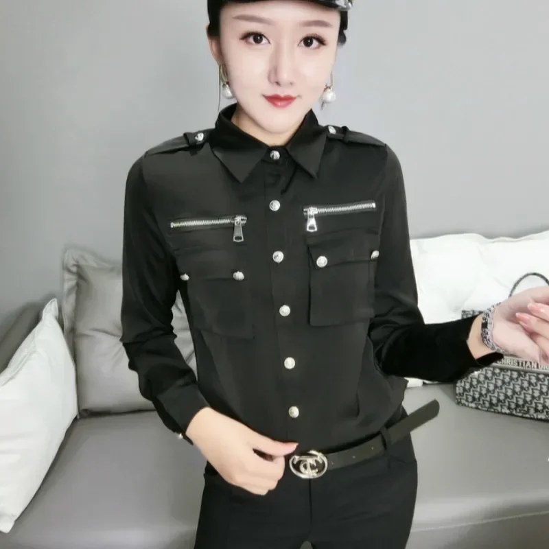 

Office Lady Women Black Satin Shirts Autumn Women Satin Shirt with Pockets Femme Zipper Satin Tops