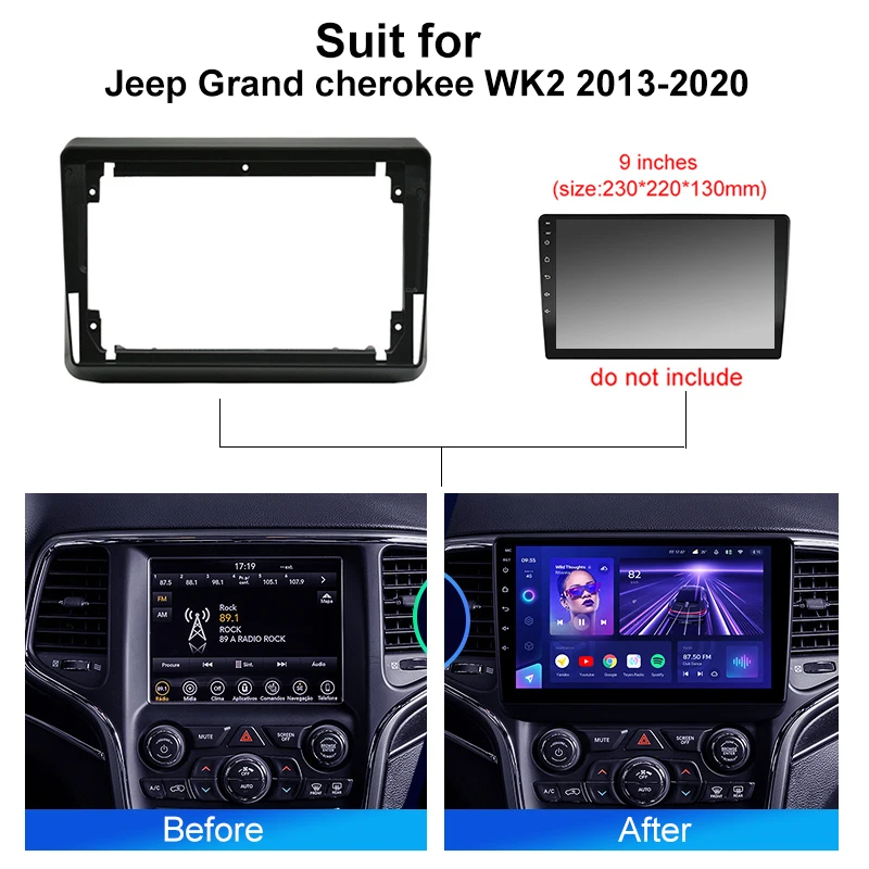 Kenvox Android Radio Frame For Jeep Grand cherokee WK2 2013-2020 2DIN Fascia Stereo Panel Harness Wire Canbus Box