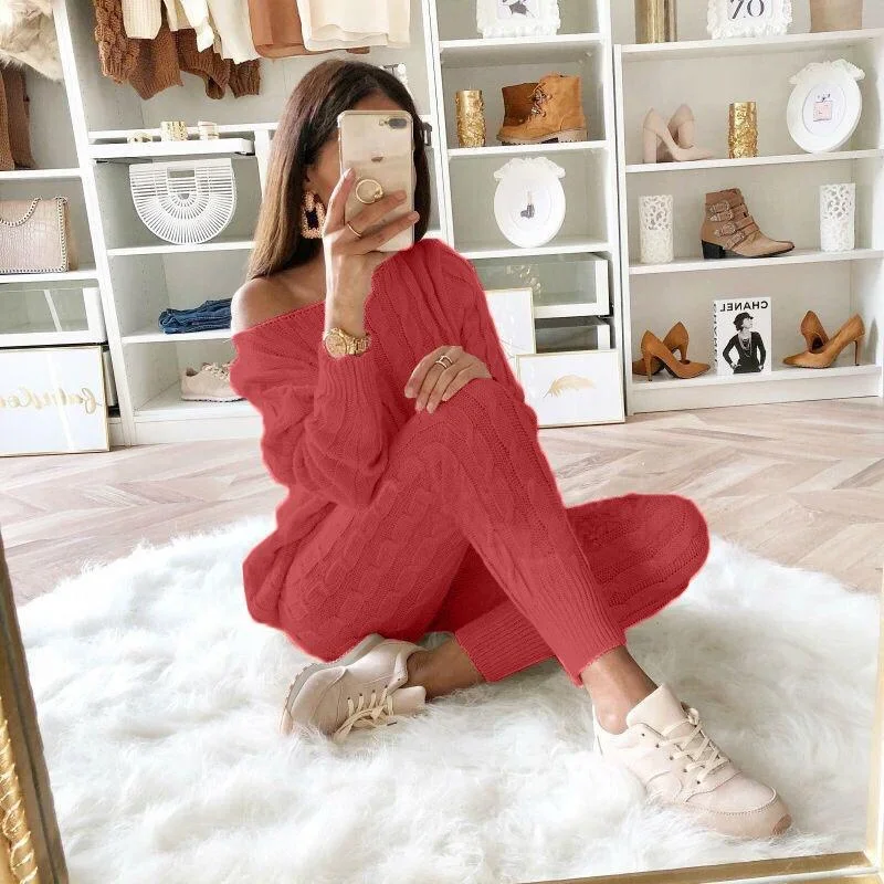 Oversize Dropped Shoulder Knit Pants Set Women's Long Sleeve Knitted Casual Two-piece Sweater Long Sleeve Top Thick Sweaters