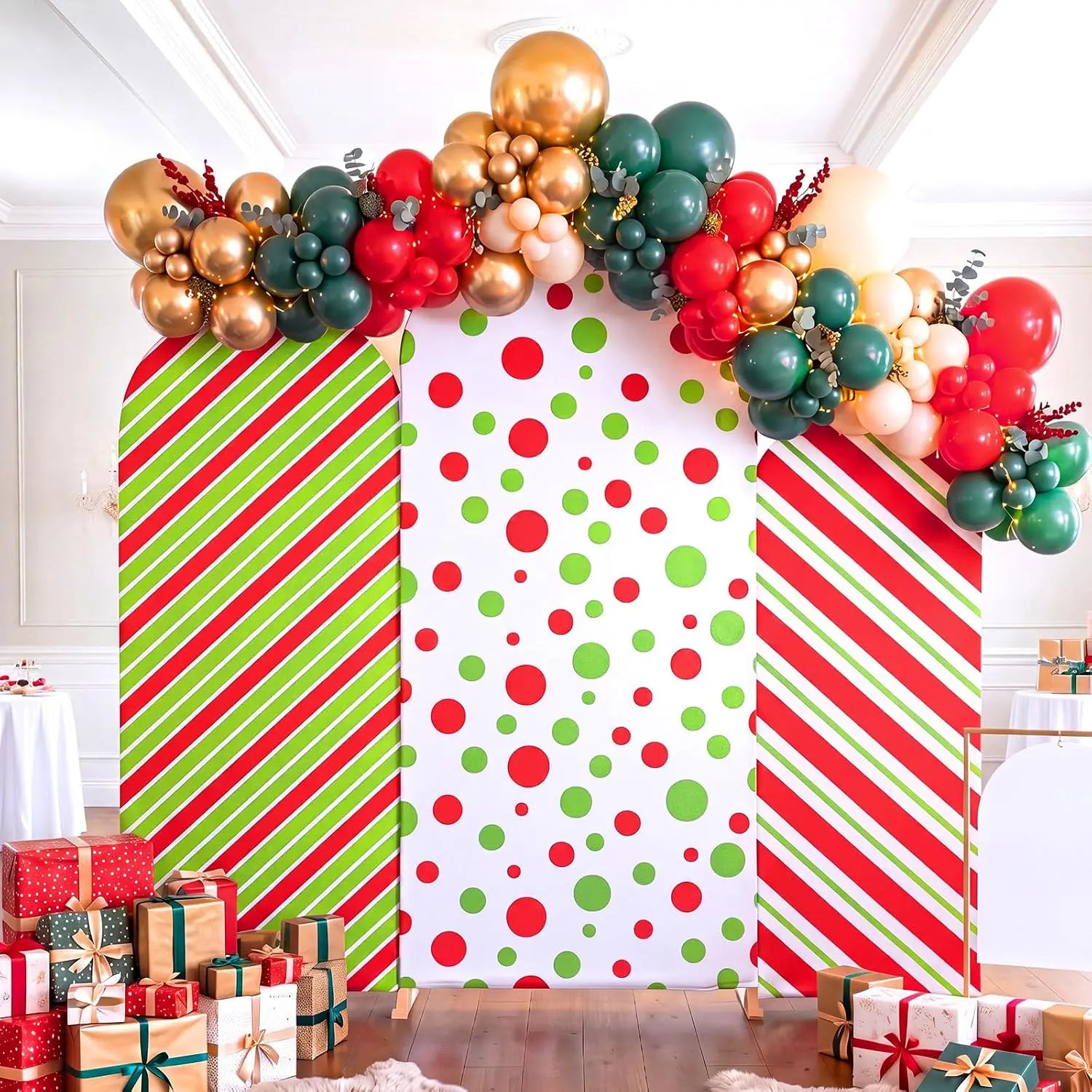 Custom 2-sided Christmas Arch Backdrop Covers Xmas Holiday Party Supplies Candy Cane Stripes Red Green Dot Photo Background
