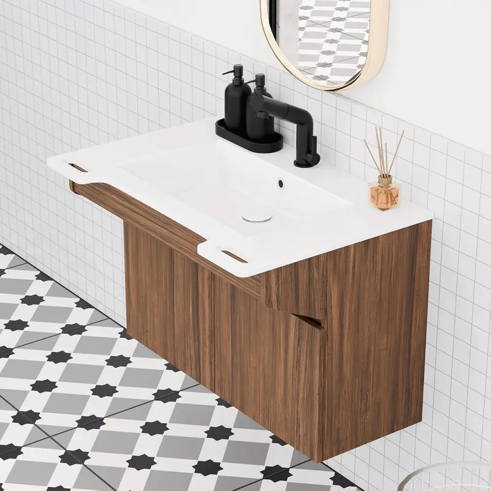

ADA Compliant Wall-Mounted Stone Resin Vanity with Engineered Wood Cabinet for Seniors and Disabled Individuals