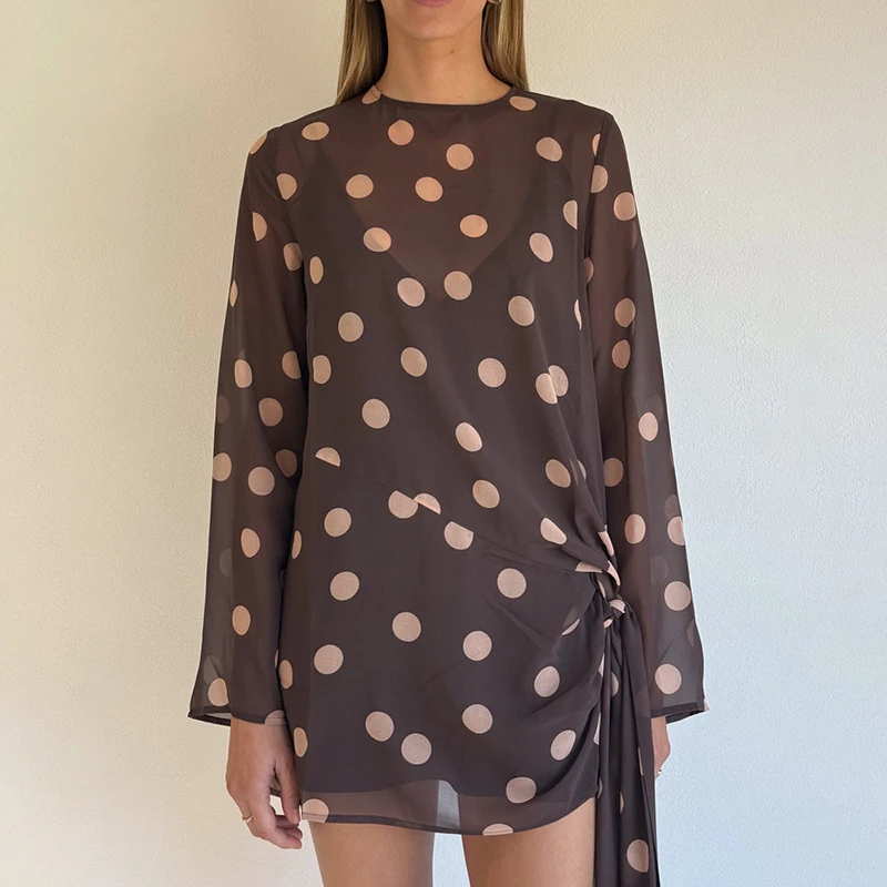 

Blifanbo Polka Dot Long Sleeve Sexy Mini Dress For Women Fashion Autumn O Neck Draped Ruched Club Party Print Dress Female 2025