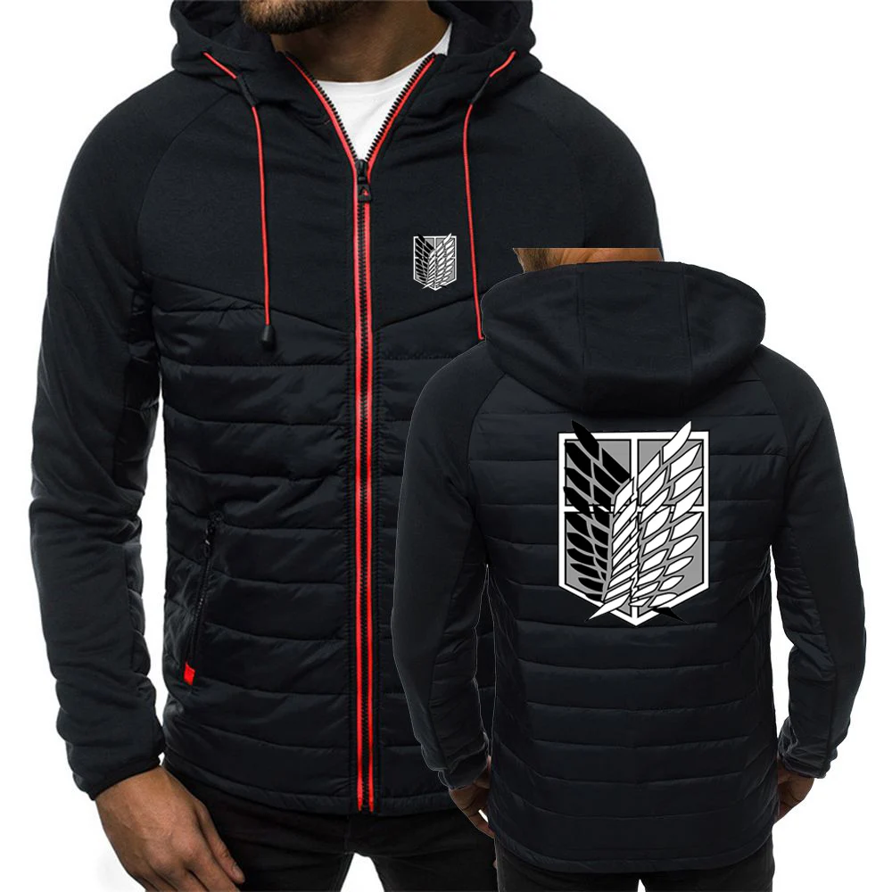 

2023 Spring Autumn New Attack On Titan Logo Printed High Quality Cotton Patchwork Outwear Men's Casual Thin Hooded Padded Jacket