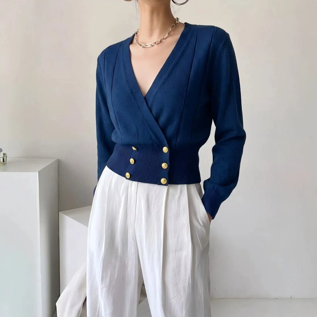 Knitted Sweater Women Cross V Neck Double Breasted Cardigan Short Waist Slim Fit Casual Tops Knitwear Spring Summer
