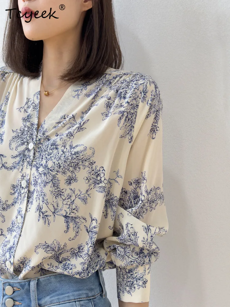 

Tcyeek 100% Real Mulberry Silk Shirt 2026 Elegant Shirts for Women Spring Summer Clothes Womens Tops Long Sleeve Топ Женский