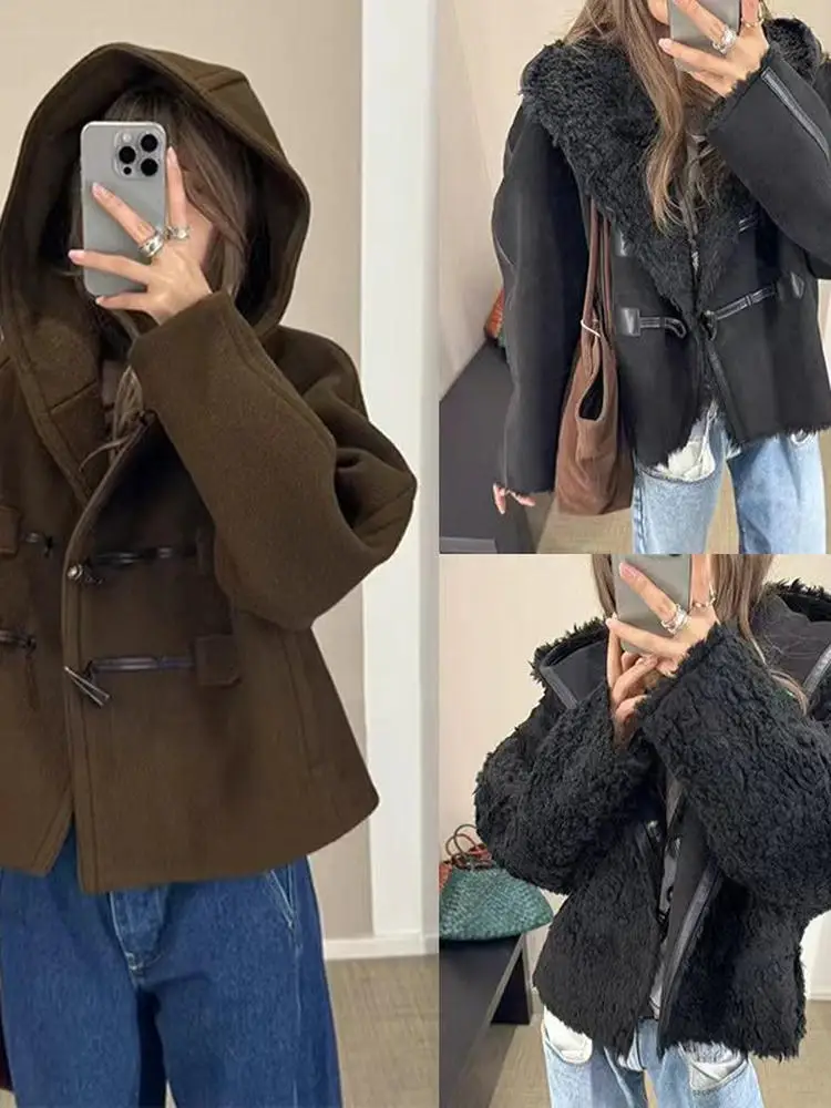 

Корейская повседневная утепленная двусторонняя куртка из овчины с капюшоном для женщин, осенне-зимняя модная верхняя одежда