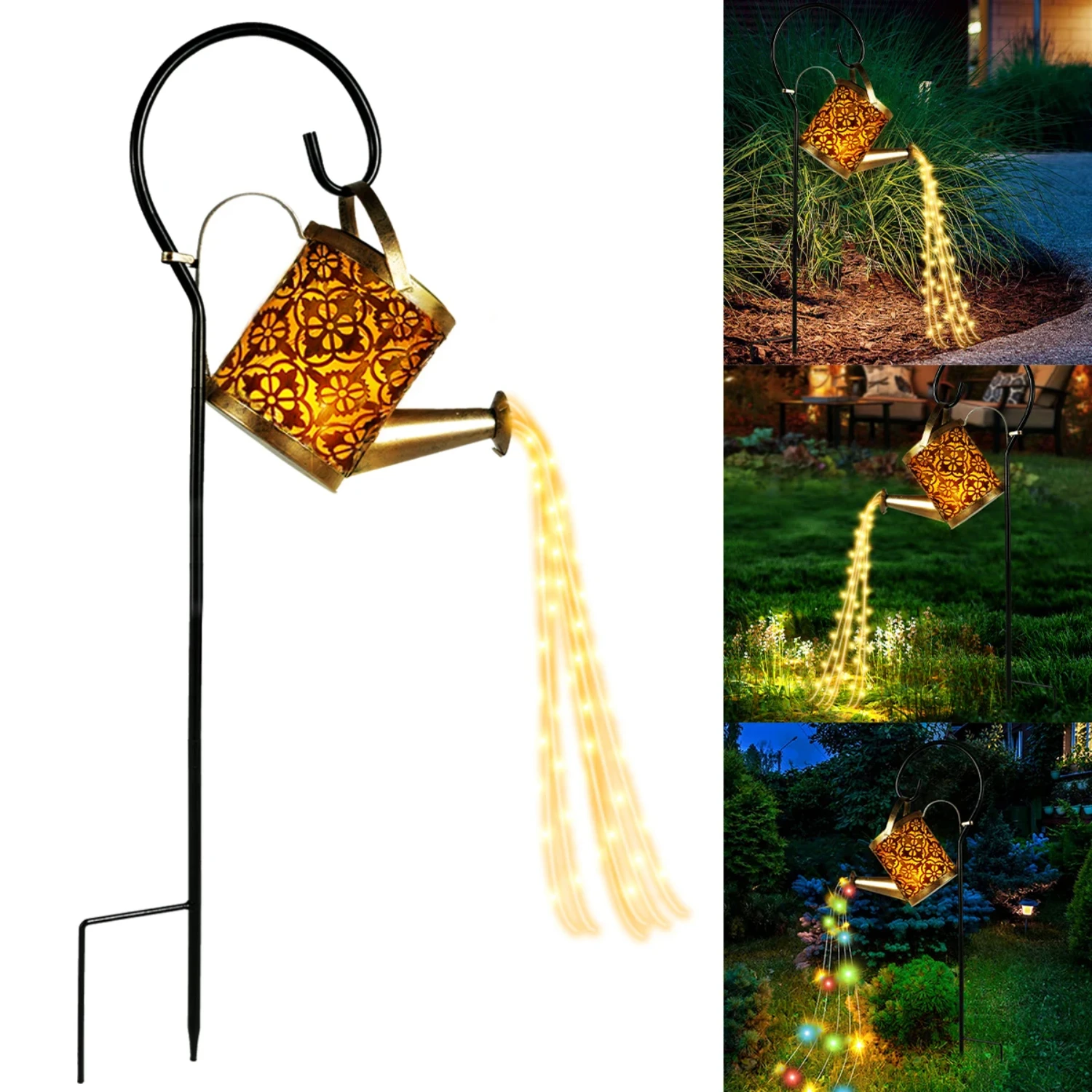 Vintage Rustic Waterproof Metal Lanterns with Soulful Glow and 36 LED Kettle String Lights - Hanging Watering Can Solar Powered
