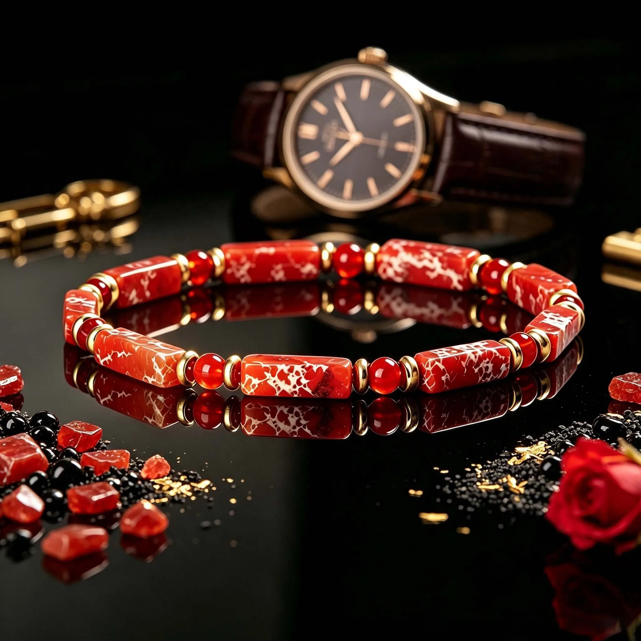 1pc Natural Stone Red Emperor Stone Bracelet, Lucky Wealth Elastic Bracelet, Bohemian Style Unisex Fashion Jewelry Gift