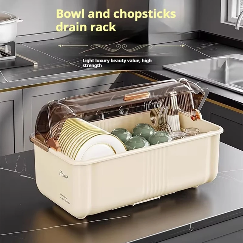 Large Chopsticks Storage Box with Lid - Kitchen Countertop Organizer for Dishes and Utensils, Drain Cupboard Feature