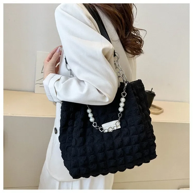 Damen Gesteppte Karierte Wolken-Baumwolltasche, Plissierte Unterarm-Hobo-Shopper-Umhängetasche für den Täglichen Gebrauch – Detail 10