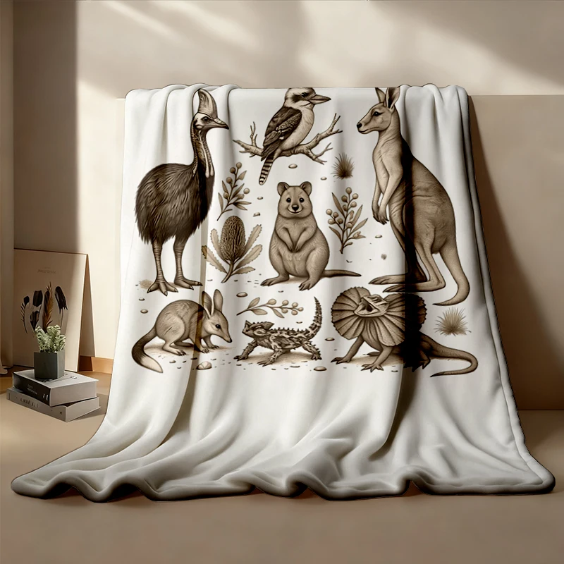90s Australian Animals Warm Blanket, Kangaroo Koala Platypus Wombat Echidna Soft Blanket, Australia Wildlife Gift