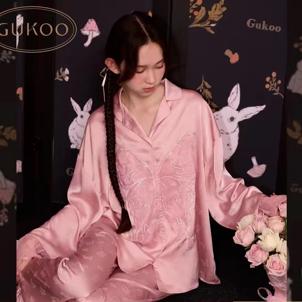 spring-autumn-long-sleeve-women's-sleepwear-print-simple-home-clothes-set-pure-color-comfortable-ice-silk-robe