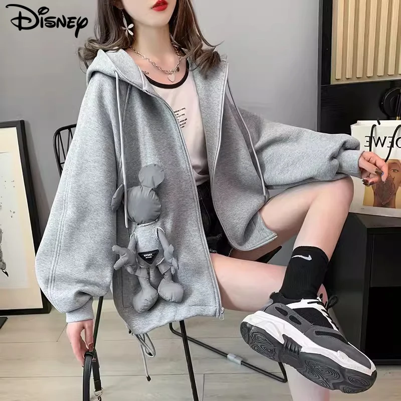 Casacos de manga comprida Disney Mickey Mouse, algodão, solto, decote em O, casual, bordado dos desenhos animados, moda superior, nova chegada, outono, 2022