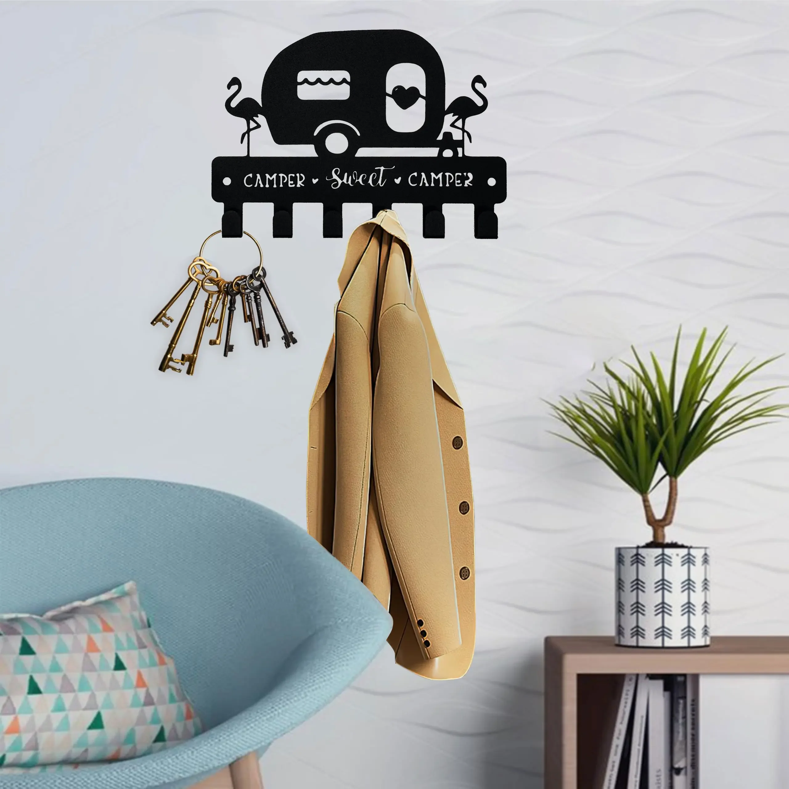 2D Camping Decor, Metal Key Rack Hanger with 6 Hooks, Camper Gifts, Rustic RV Storage Camper Key Holder for Wall Decorative