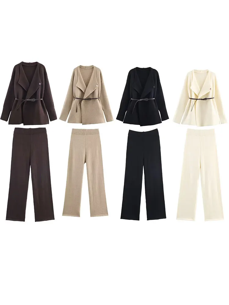 Hh outono moda feminina de malha 2 peças conjunto manga longa lapela camisola casaco com cinto vintage cintura elástica calças roupa sólida