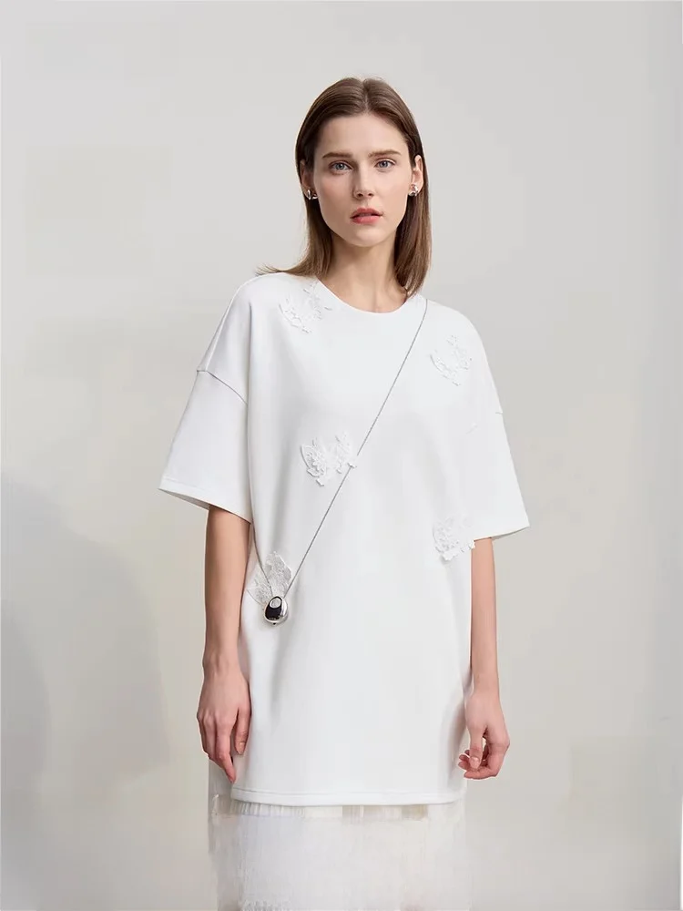 

Spring New round Ne Splice Lace oulder Drop ort Sve Air Layer T irt Women Loose Elastic Top Cotton Polyester S...