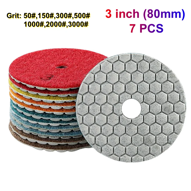 7PCS 3Inch 80mm Diamond Polishing Pads Kit Wet/Dry for Granite Stone Quartz Concrete Marble Tile Glass Polishing Grinding Disc