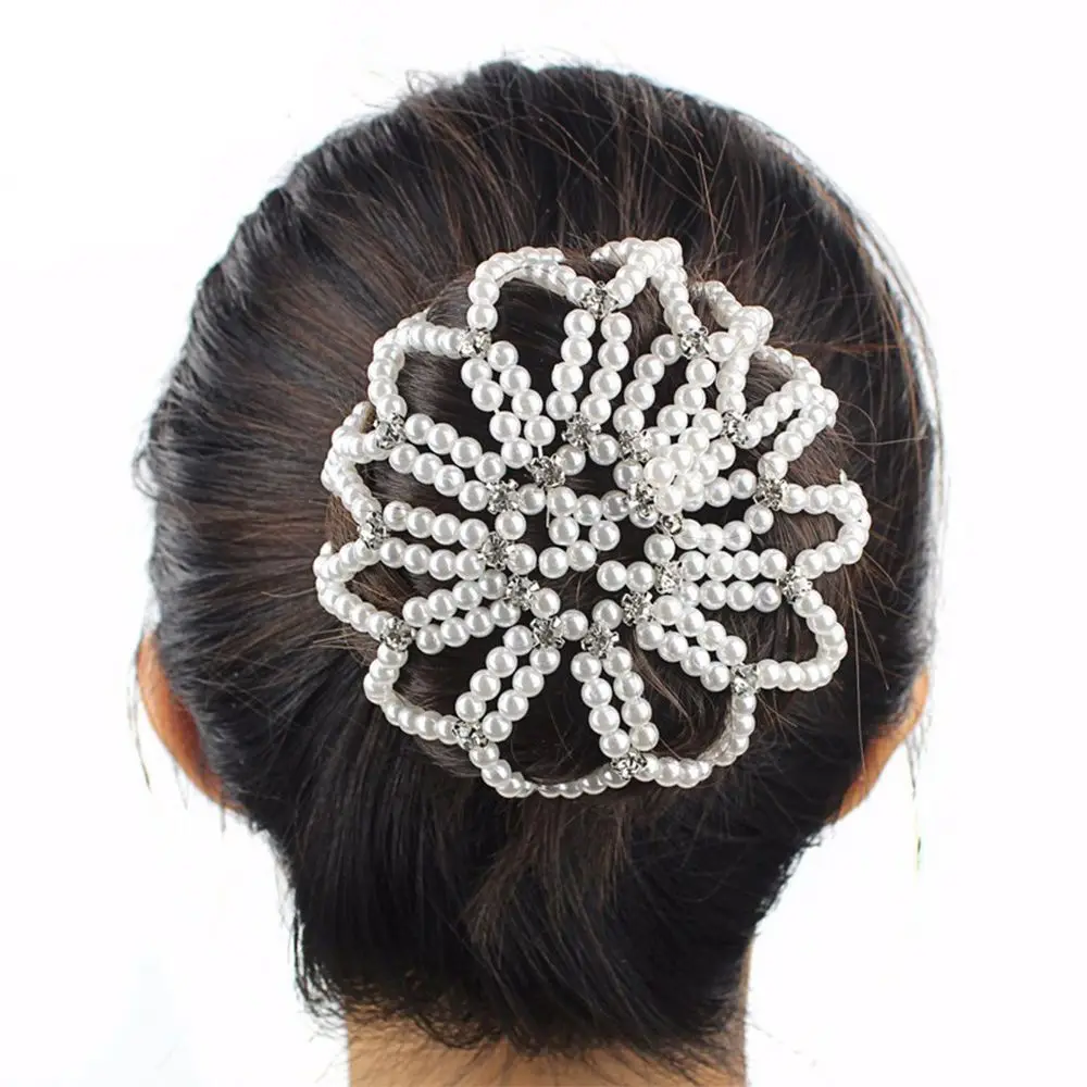 Furling moda Balle Crochet redecilla elástica moño hecho a mano sombreros moño para el cabello redes para el cabello con perlas
