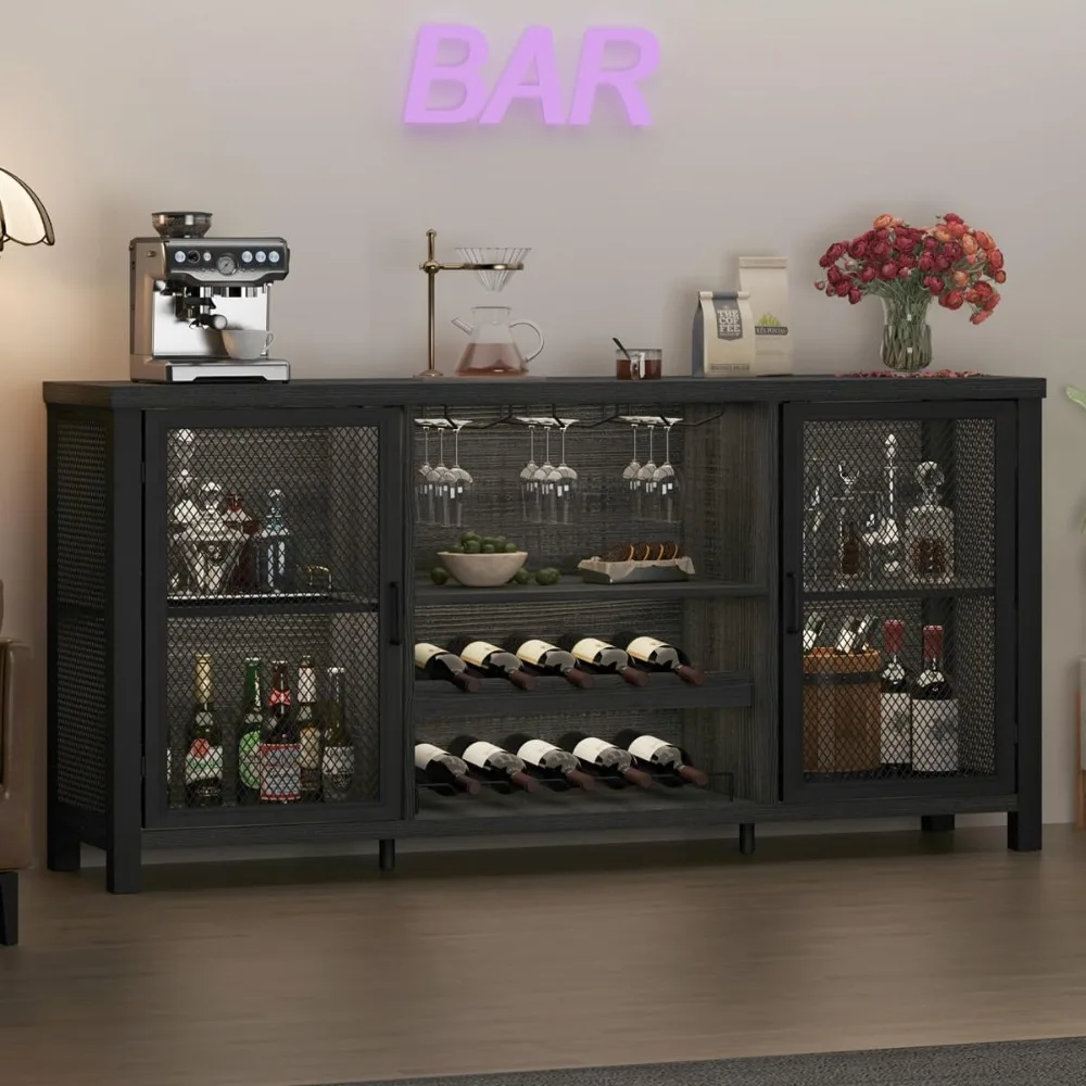 Liquor Bar Cabinet, Industrial Wine Bar Cabinet, Rustic Sideboard Buffet Cabinet for Liquor, Glasses & Coffee Bar with Storage