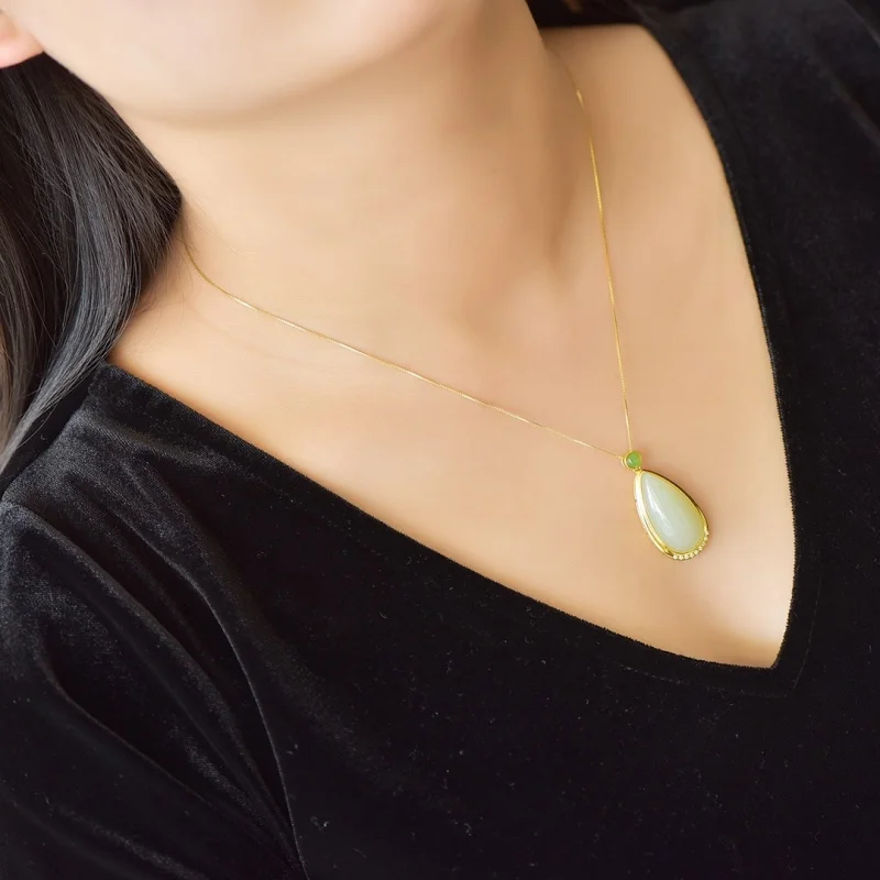 SGARIT Natural Hetian White Jade S925 Silver Inlay 17*35mm Waterdrop Pendant Exquisite Design Fine Texture Elegant Necklace