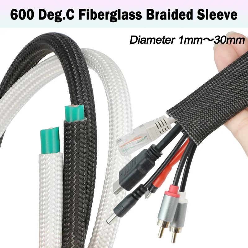2-10m 600 Deg.C Fiberglass Braided Sleeve 1-30mm High Temperature Resistant Cable Sleeve Glass Fiber Insulated Wire Protect Wrap