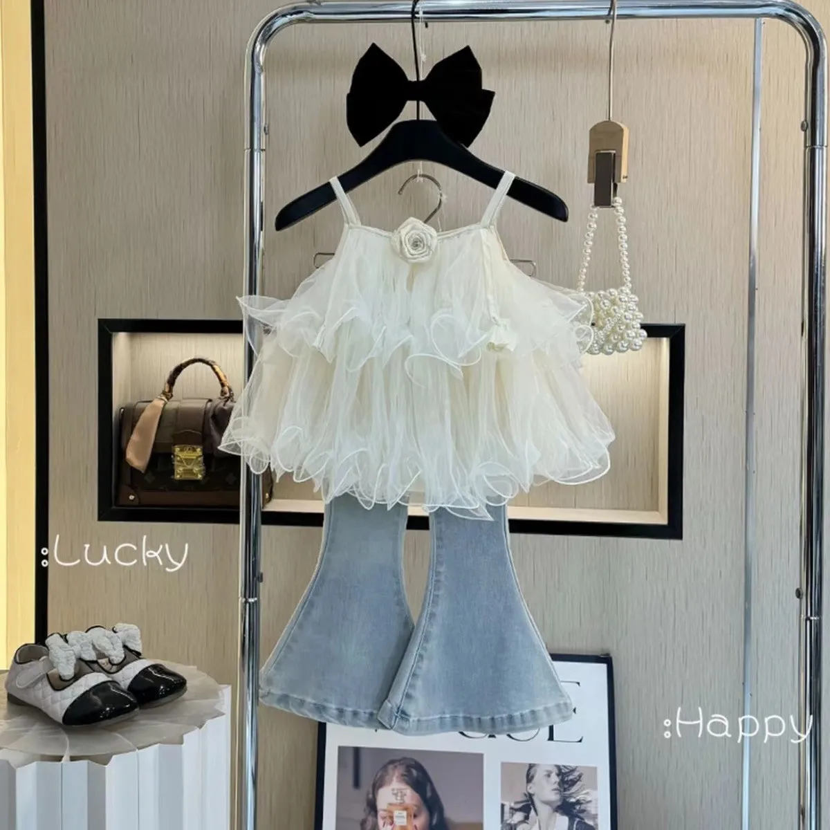 

Girls Summer Outfit Fashion New Net Halter Top + Denim Flared Pants 2-Piece Set Children's Clothing