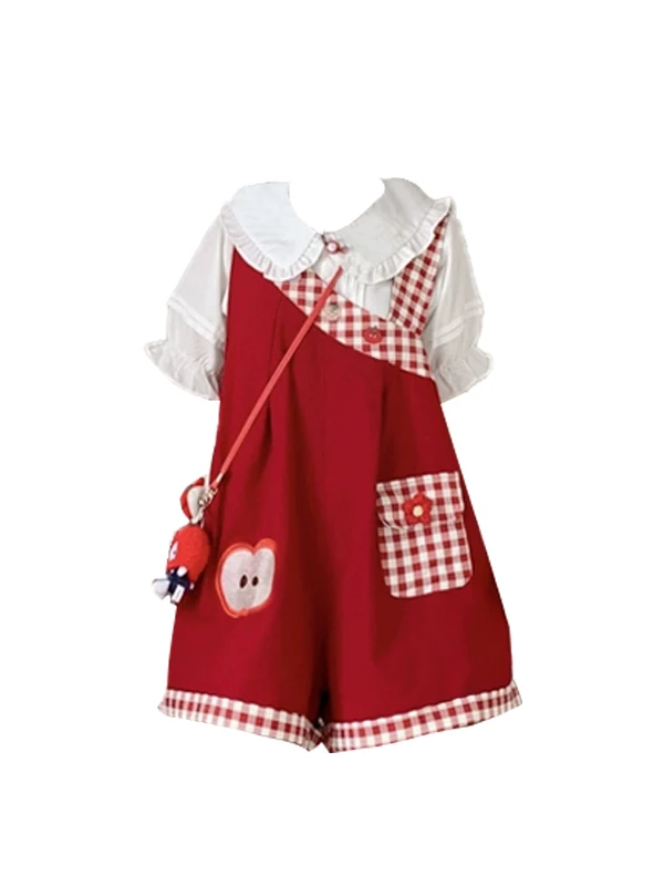 

Cute Plaid Doll Collar Two-Piece Set Summer New Style Women's Fashion Outfit Short Pants Shirt Sweet Lovely plus Size Sister