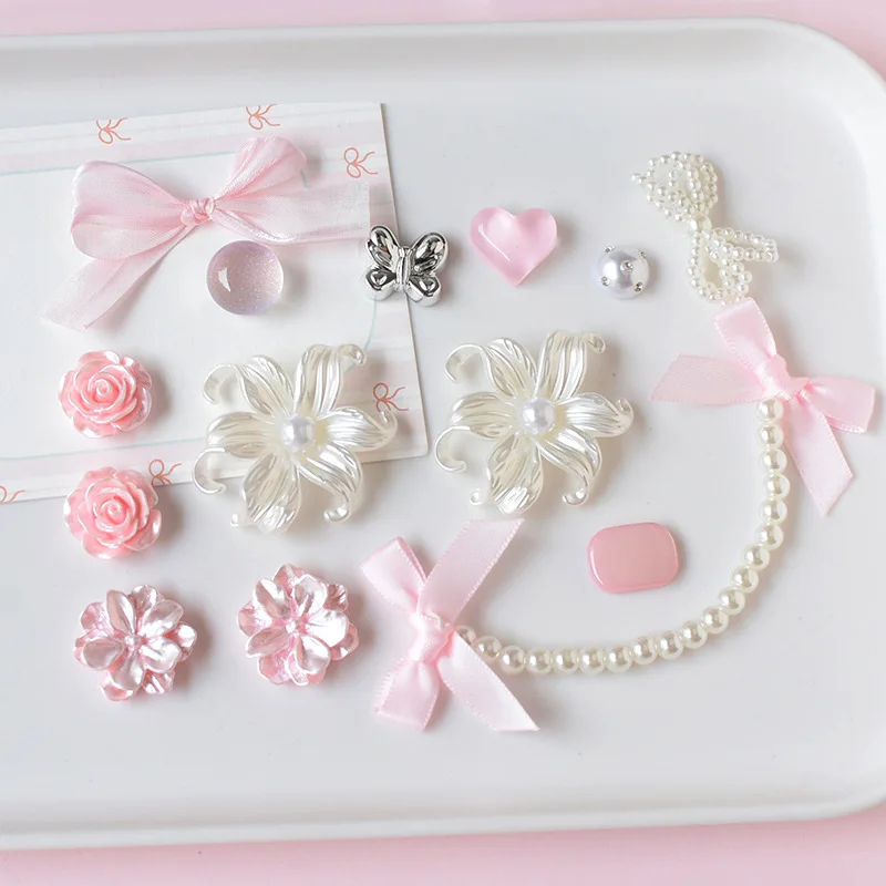 Luxury Pink & Blue Flowers Series Women Fashion Shoe Charms Set Accessories Hole Shoe Buckle Summer Pearl Chain DIY Decorations