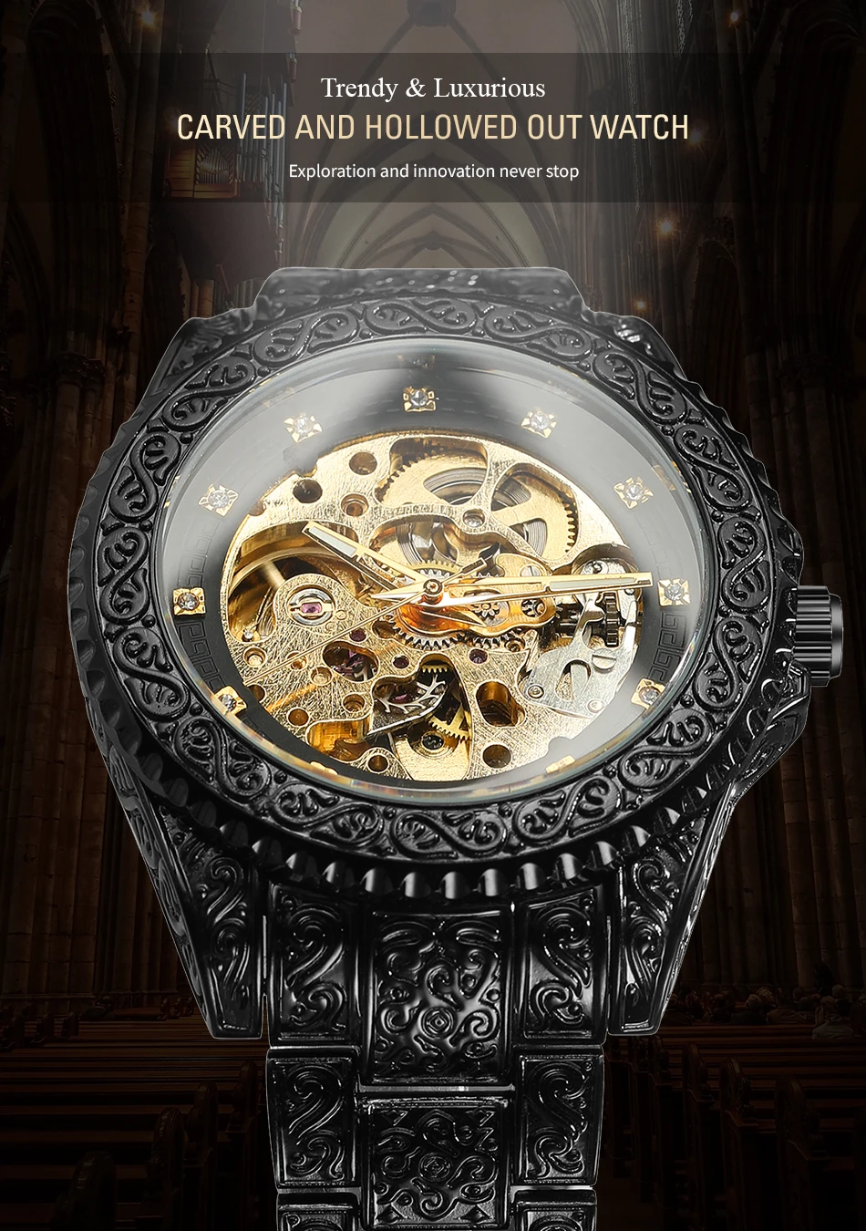 FORSINING ファッションレトロメンズスケルトン自動機械式時計ラインストーンクールブラックステンレス鋼ヴィンテージ彫刻時計