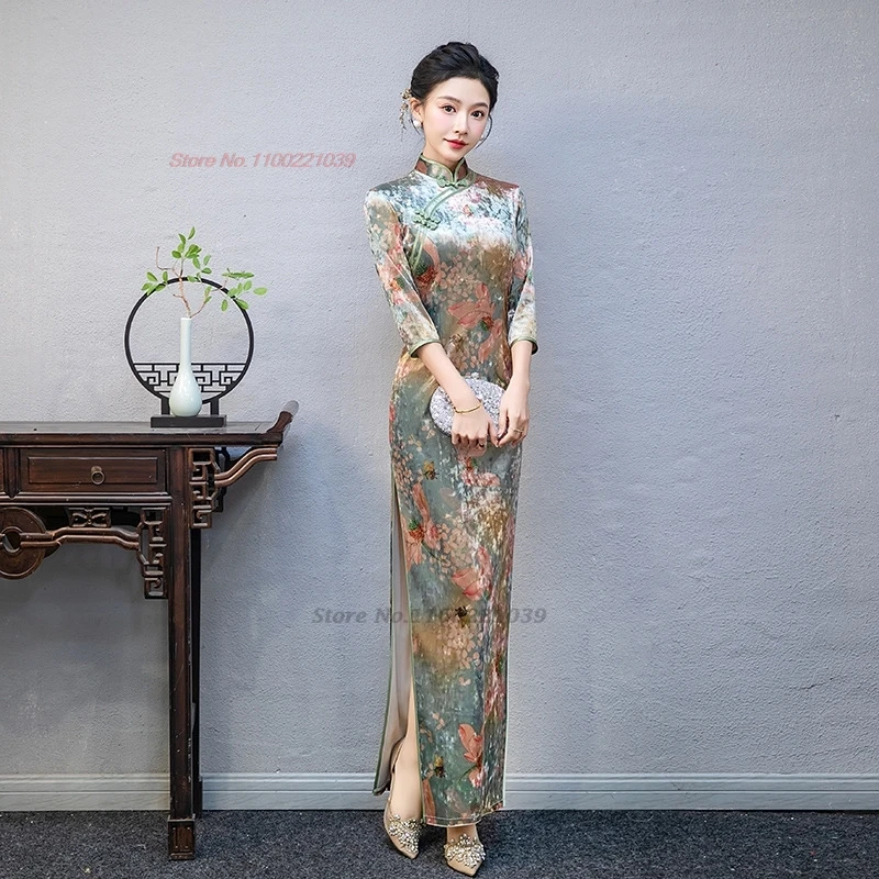 Vestido vintage chino cheongsam mejorado con estampado de flores nacionales, vestido de terciopelo para actuación en escenario, vestido de noche para banquete, 2024