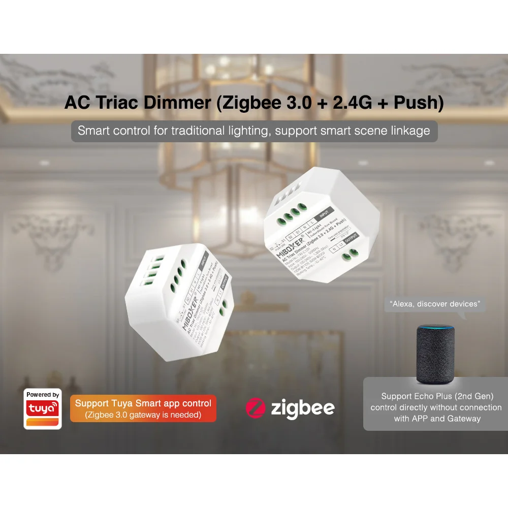 

MiBoxer ZigBee 3.0+2.4G+Push AC Triac Dimmer TRI-C1ZR Zigbee Control Distance100m 2.4G RF Control Distance 30m