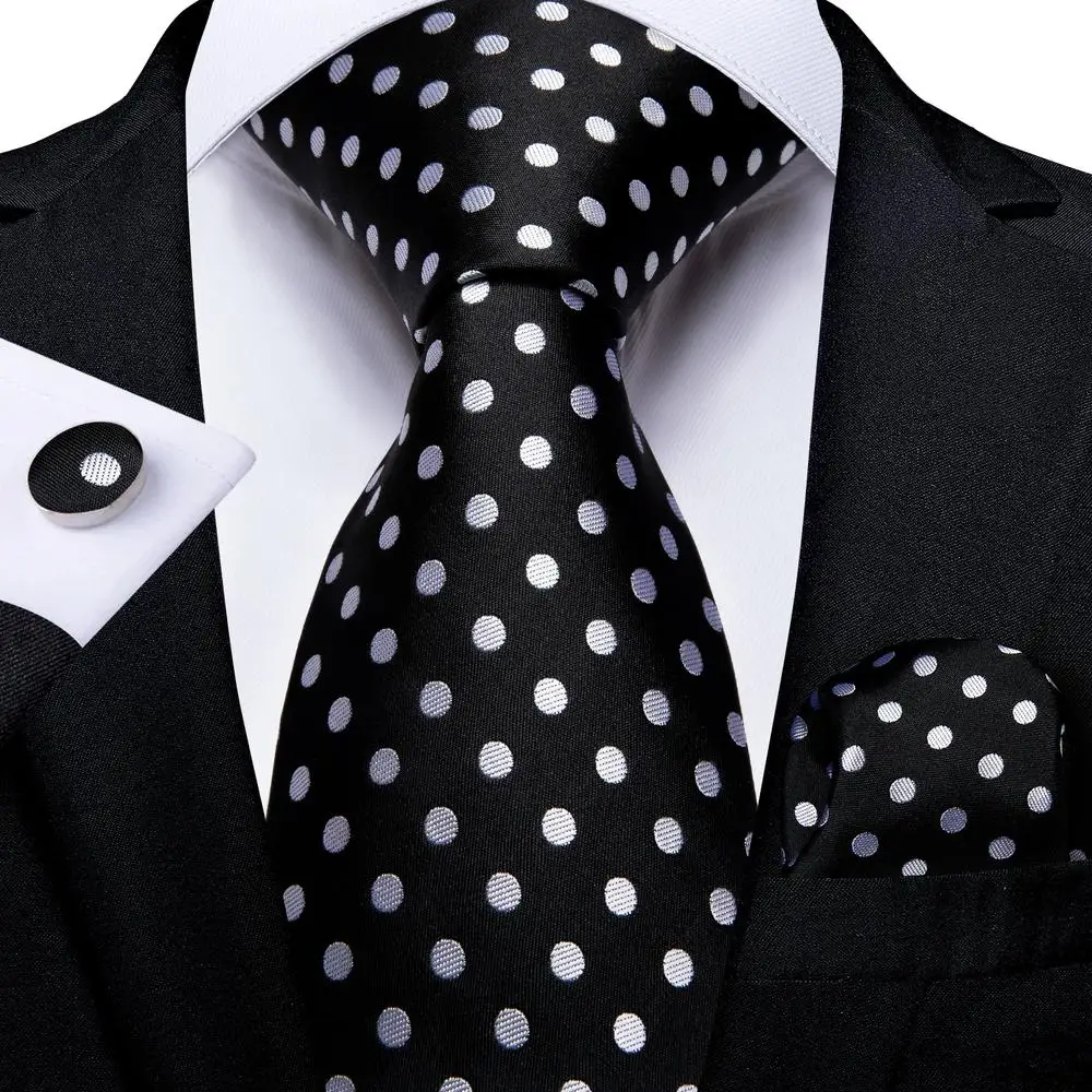 Black White Dot Silk Wedding Tie For Men Hanky Cufflink Gift Men Necktie Gravata Set Fashion Business Dropshipping Hi-tie Design