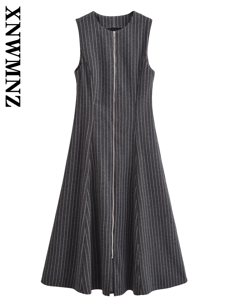 

XNWMNZ 2025 Summer New Woman Glamorous Midi Skirt Dresses Trendy Woman's O-Collar Sleeveless Print zipper Dress Ruffles Striped
