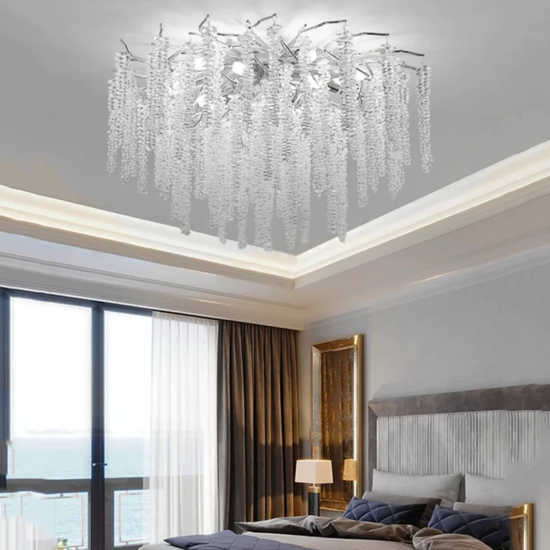 Luxury Chrome Round Crystal Led Ceiling Chandelier Light For Bedroom Living Room Dining Kitchen Silver K9 Crystal Ceiling Light