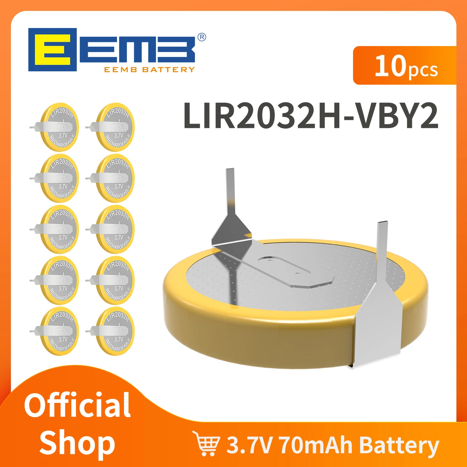 10PACKS EEMB LIR2032H Rechargeable Battery with Solder Tabs 70mah 3.7V Lithium-ion Coin Button Cell Batteries