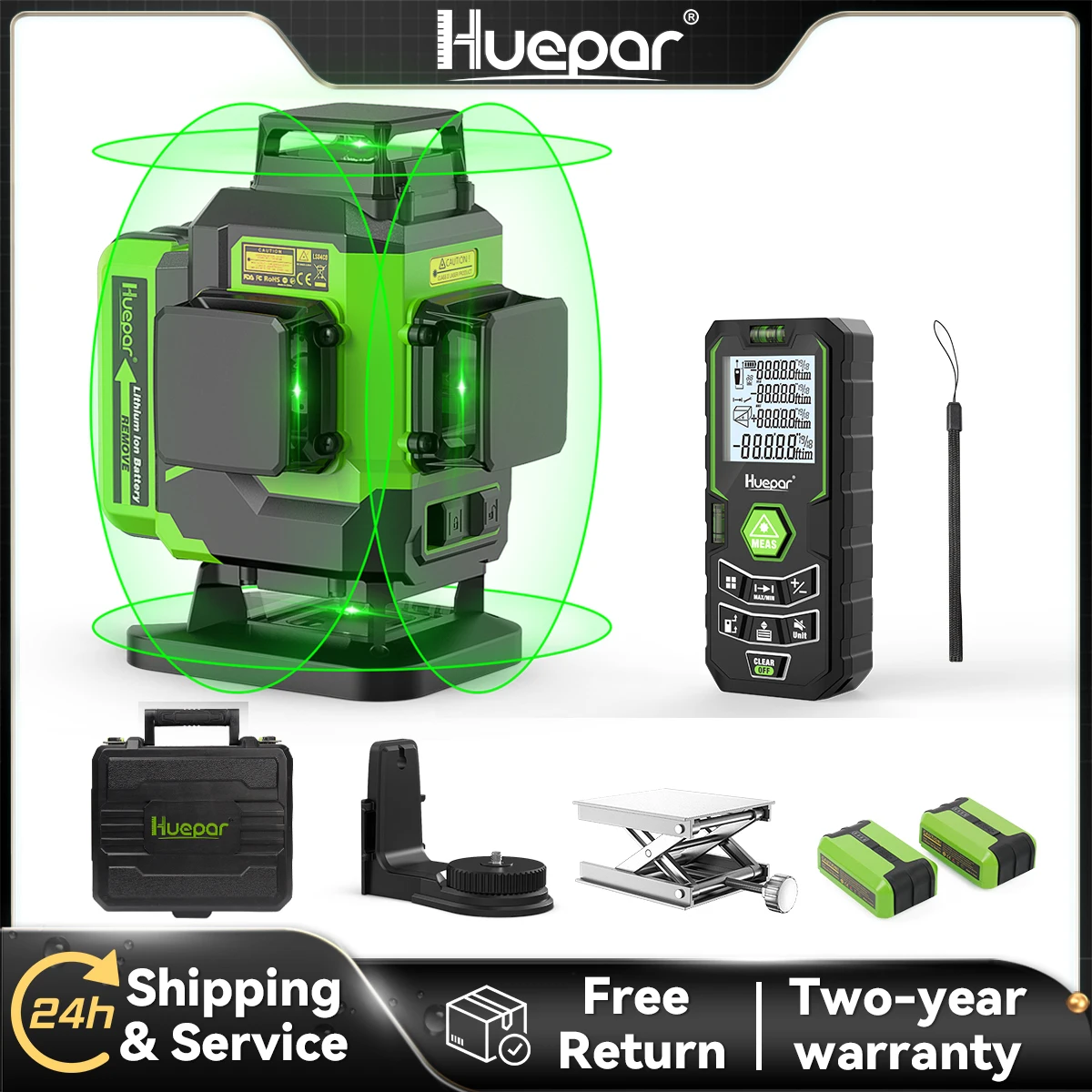 Nível a Laser Huepar 4D com Medidor de Distância, Cruz Verde, 16 Linhas, 360° °   Ferramentas de Nivelamento a Laser Autonivelantes com 2 Baterias de Lítio