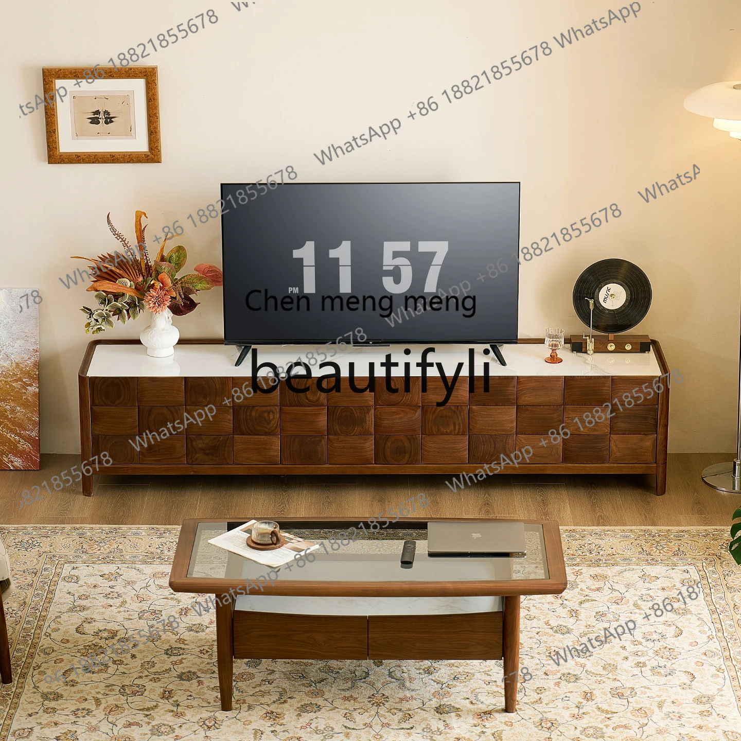 

X Black Walnut Wood Rock Slab TV Cabinet Modern Minimalist Solid Wood Floor-standing Living Room Home Storage Cabinet