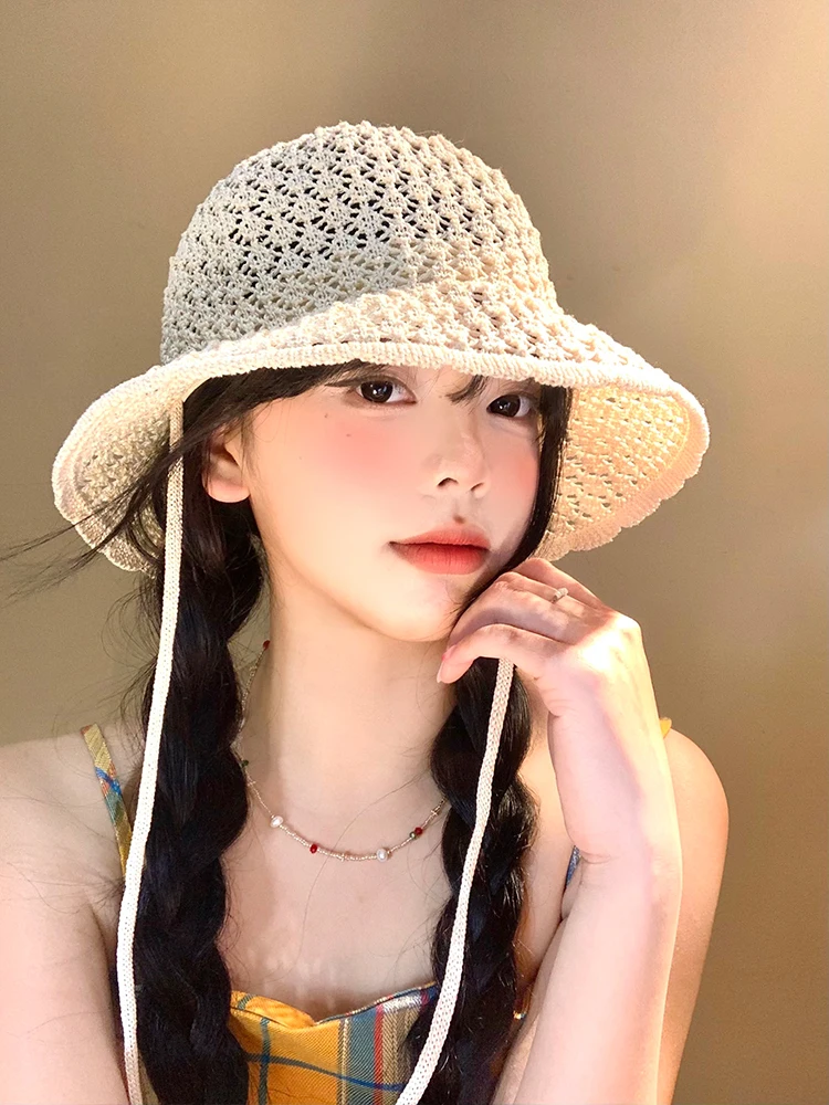 

Summer Thin Breathable Small Face Buet Hat Women's Fiing Cap Woven Sun Hat Large Brim Travel Hat UV Protection Knitted Hat