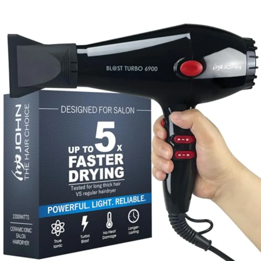 Professional Hair Blow Dryer Fast Drying Powerful 2200W Ionic for No Damage to Hair Blast Turbo 6900 Black
