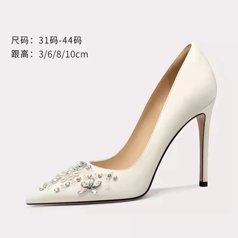 

Spring and summer new pointed silk rhinestone wedding shoes, high-heeled banquet dresses, plus size plus small size women's shoe