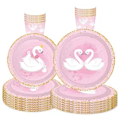 Vajilla desechable de cisne rosa para fiesta, servilletas de cisne de corona dorada, platos, tazas, tema de cisne feliz para niñas, decoración de fiesta de cumpleaños