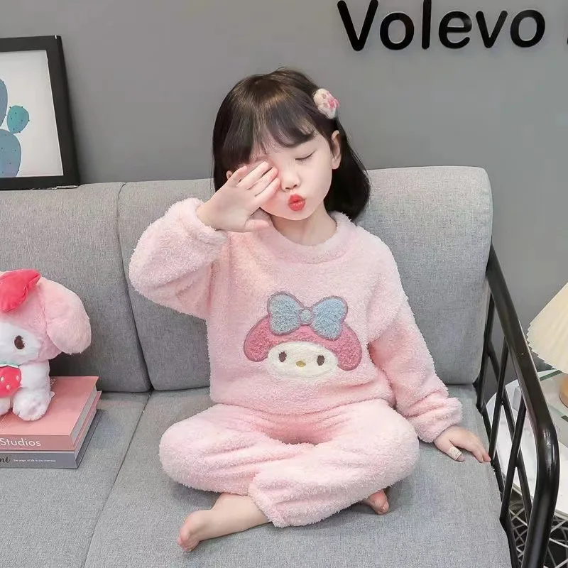 2 قطعة بيجامة من الفلانيل للفتيات سانريو ميلودي الخريف الشتاء الوردي للأطفال زائد المخملية الدافئة المرجان المخملية سميكة ملابس المنزل مجموعة