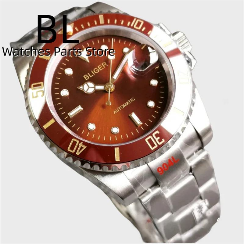 BLIGER 40mm Watch For Men With Brown Bezel Dial With Gold Index Sapphire Glass NH35 PT5000 Miyota Automatic Steel Bracelet Date