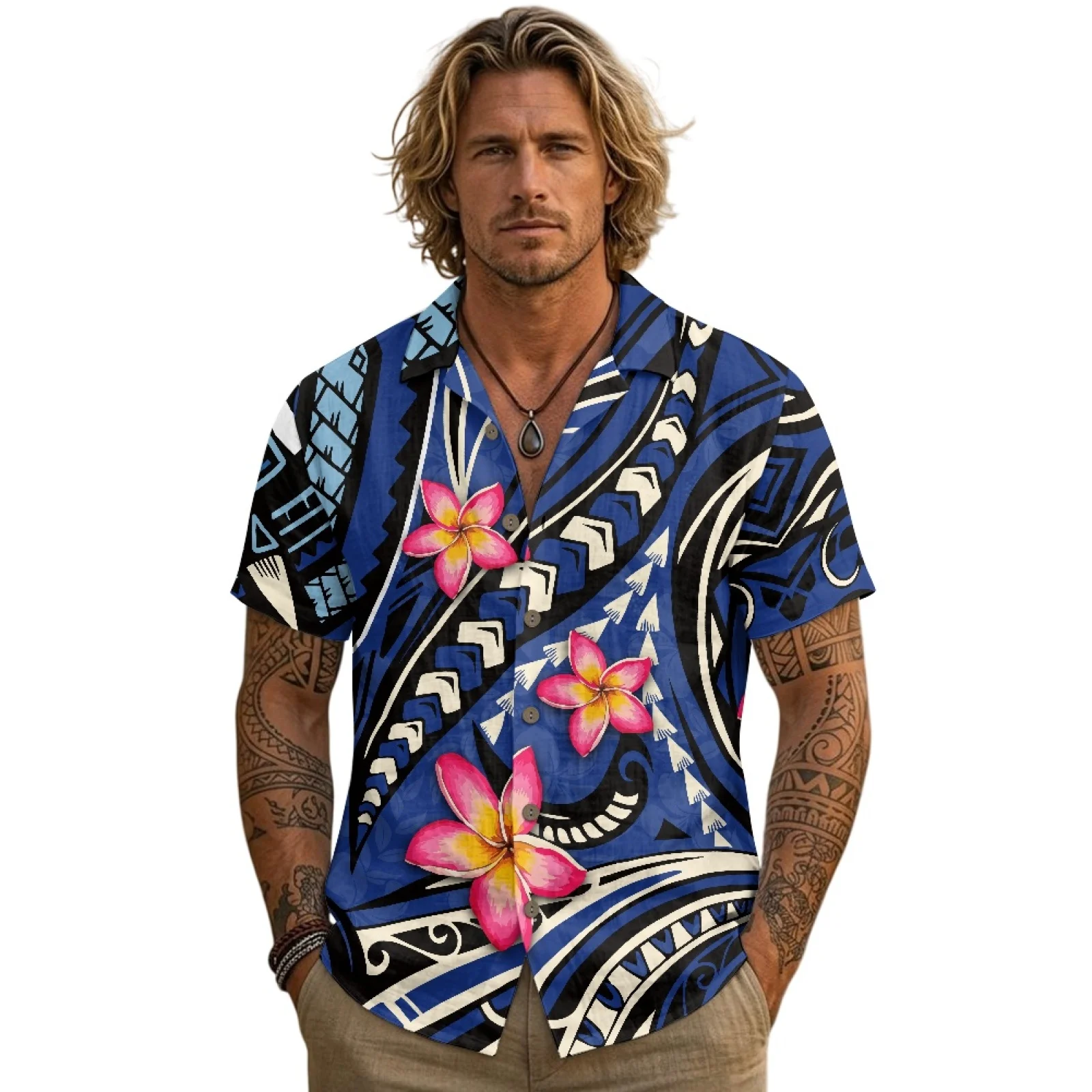 PENSTROLL Pink Floral Linen Style Men's Top Men's Short-Sleeved Shirts for Male Single Breasted Button Down Collar Top