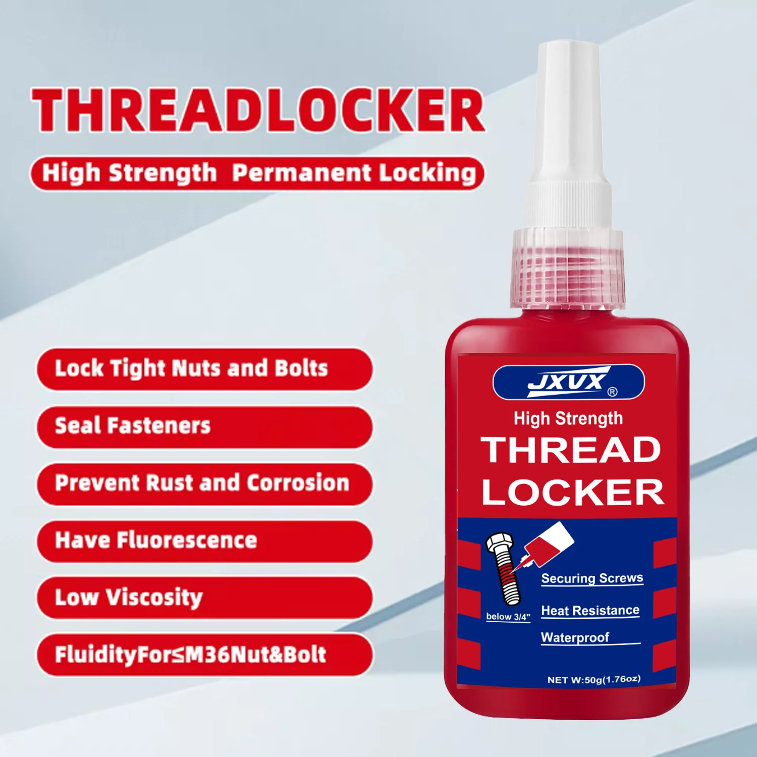 JXVX Thread Lock 271 Heavy Duty Bolt Nuts & Locks for Permanent Locking & Sealing Fasteners 50ml of Anaerobic Curing Metal Glue.