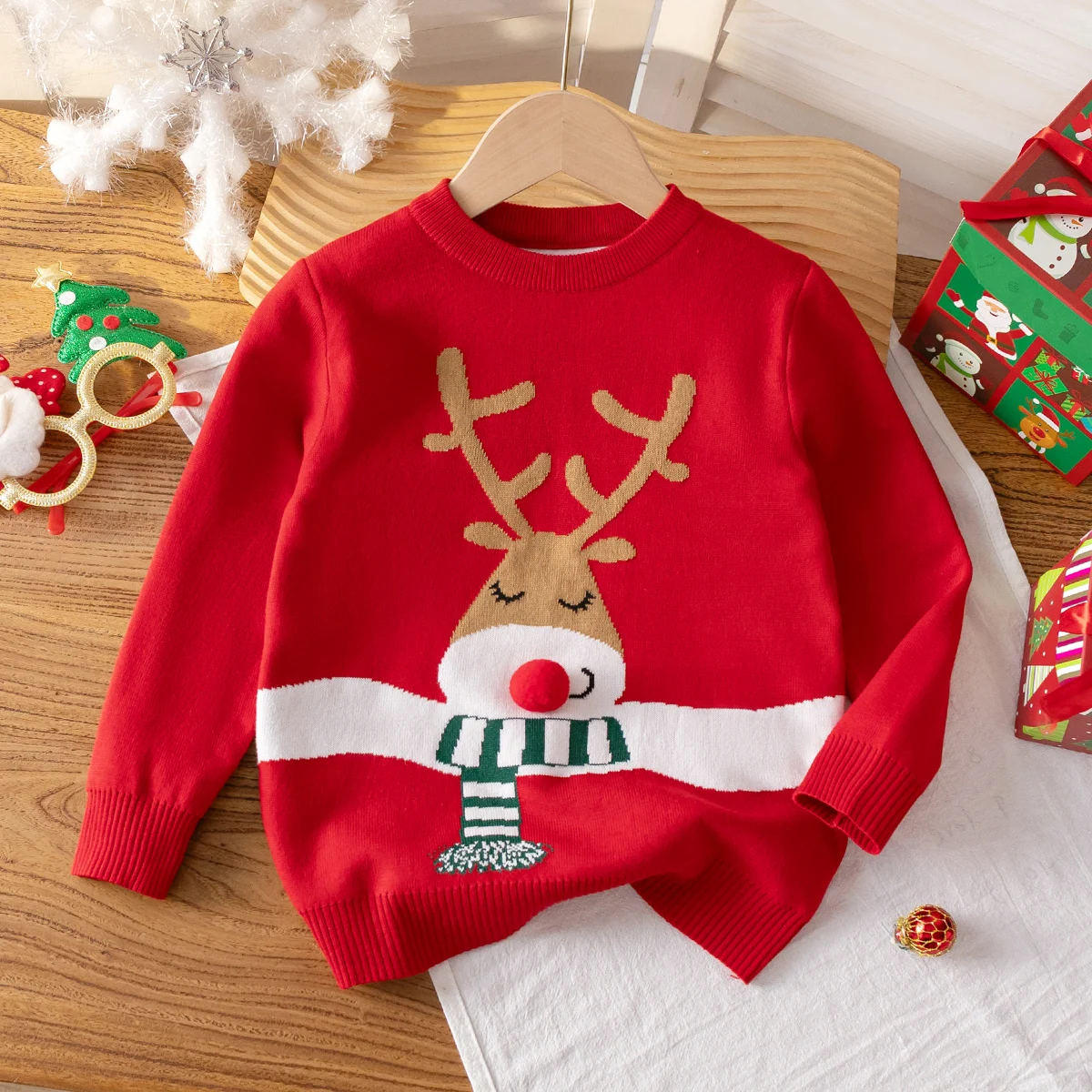 Girl and Boy Cute Style Christmas Reindeer Knit Sweater Long-Sleeved Pullover Suitable for Daily Parties