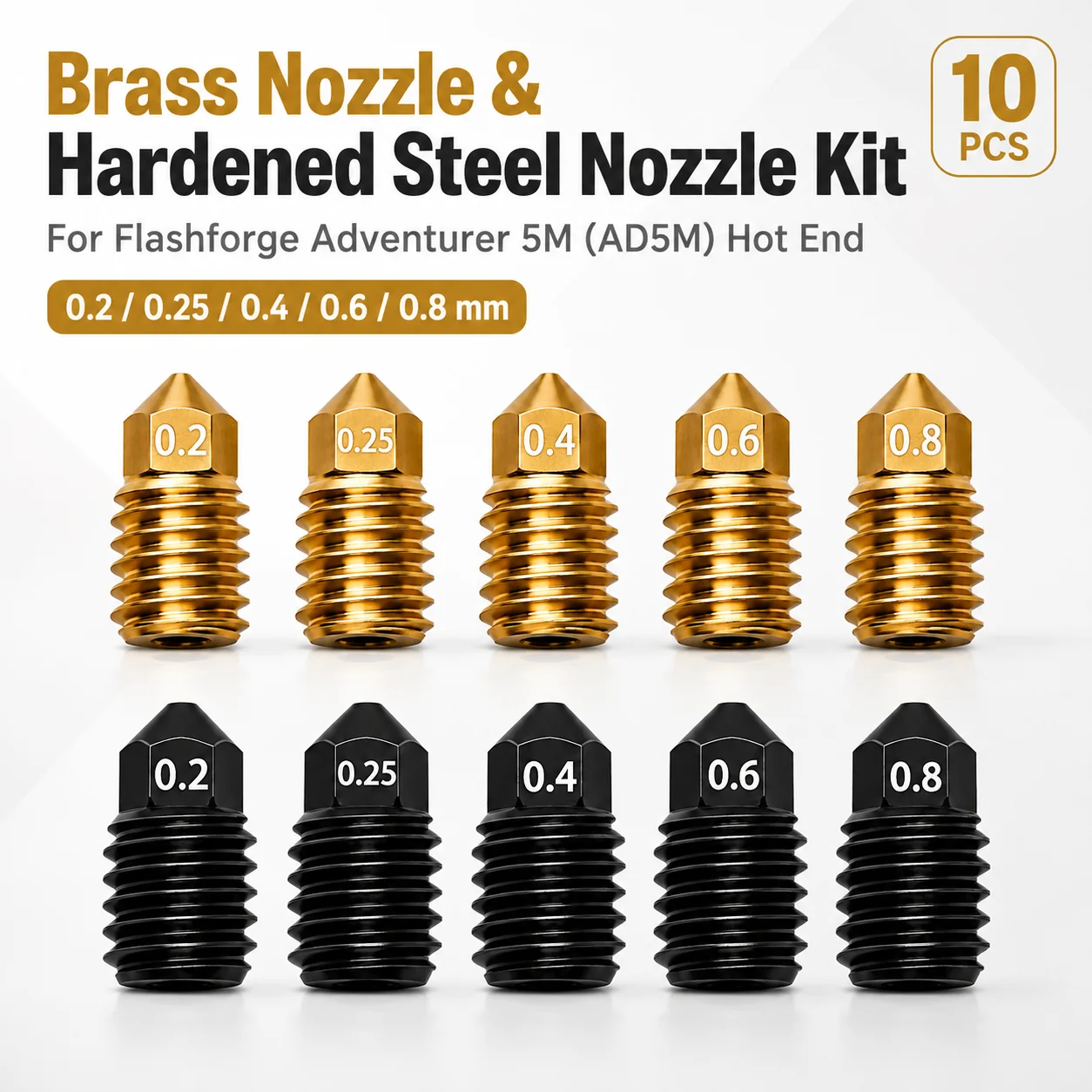 3D Printer Nozzle Kit Brass Hardened Steel For Flashforge AD5M Adventurer 5M Hot End 0.2/0.25/0.4/0.6/0.8mm Multiple Bore Sizes