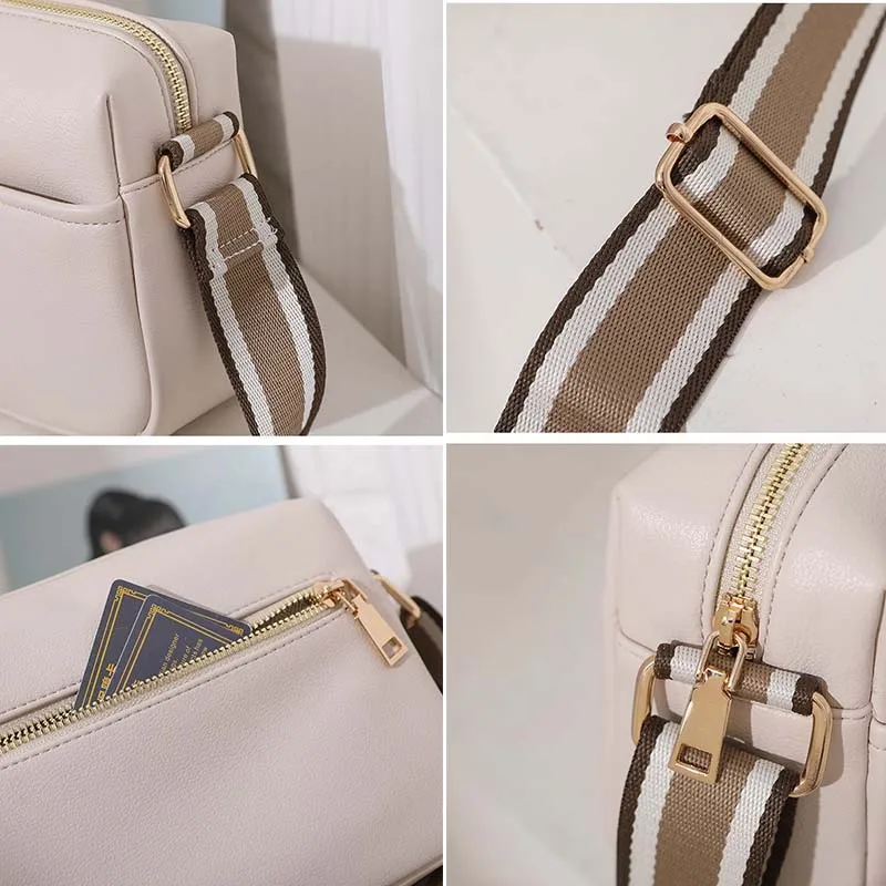 Solid Square Women Crossbody Bags Wide Fabric Strap Crossbody Bag Ladies Fashion Handbags Zipper Leather Women Shoulder Bags